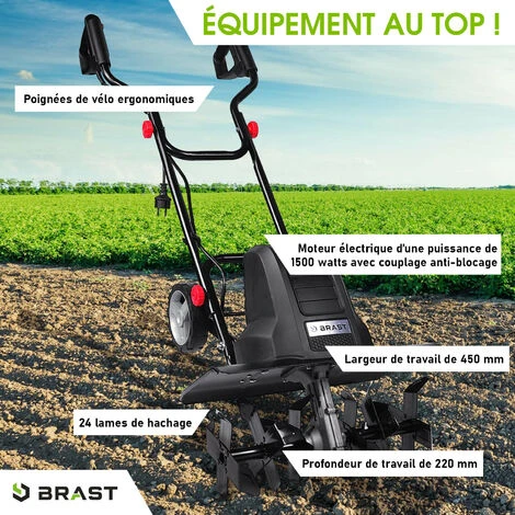 Motobineuse électrique 1500W - 24 Lames/6 Fraises - 45cm - 400 Trs/min - Roues De Transport Rabattables -accouplement Anti-blocage - Interrupteur De Sécurité - BRAST 2 Motobineuse électrique 1500W - 24 Lames/6 Fraises - 45cm - 400 Trs/min - Roues De Transport Rabattables -accouplement Anti-blocage - Interrupteur De Sécurité - BRAST – Image 2