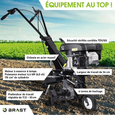 Motobineuse Thermique 176cc 36cm, 17,5-30cm Profondeur De Travail 6cv 4 Fraises Démarrage /auto-conduite Connectable 3600 Tr/min - Motoculteur De BRAST 2 Motobineuse Thermique 176cc 36cm, 17,5-30cm Profondeur De Travail 6cv 4 Fraises Démarrage /auto-conduite Connectable 3600 Tr/min - Motoculteur De BRAST – Image 2