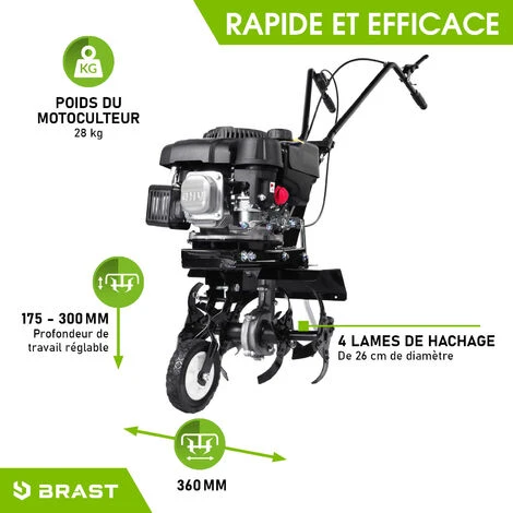 Motobineuse Thermique 176cc 36cm, 17,5-30cm Profondeur De Travail 6cv 4 Fraises Démarrage /auto-conduite Connectable 3600 Tr/min - Motoculteur De BRAST 3 Motobineuse Thermique 176cc 36cm, 17,5-30cm Profondeur De Travail 6cv 4 Fraises Démarrage /auto-conduite Connectable 3600 Tr/min - Motoculteur De BRAST – Image 3