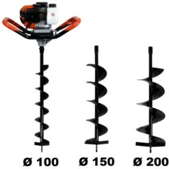 Tarière Thermique 52 Cm3, 3 CV + Lot De 3 Mèches (100, 150 Et 200 Mm)