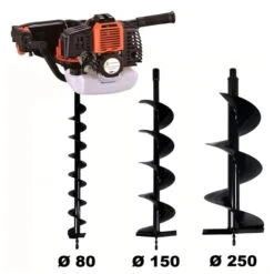 Tarière Thermique 52 Cm3 - 3 CV + Lot De 3 Mèches (80, 150 Et 250 Mm)