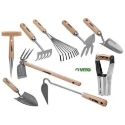 Kit 9 Outils De Jardin Manche Bois VITOGARDEN Inox Et Fer Forgés à La Main Haute Qualité Outils De Jardin