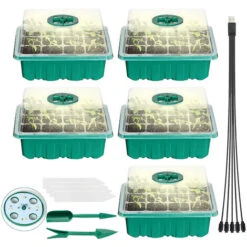 Lot De 5 Plateaux De Démarrage Pour Graines De Plantes Avec Lumières De Croissance Pour Planter Des Graines 60 Cellules De Semis Kit De Démarrage De Plantes Biologiques Avec 5 étiquettes Et 2 Outils De Transplantation (vert)