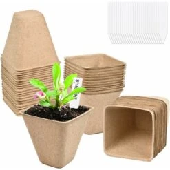 Lot De 50 Pot Semis Biodegradable, 8x8 Cm Pots De Culture Avec 50pcs Etiquette Plante, Pots De Semis, Godet De Semis Pour Graines, Semis, Germer (8x8 Cm)