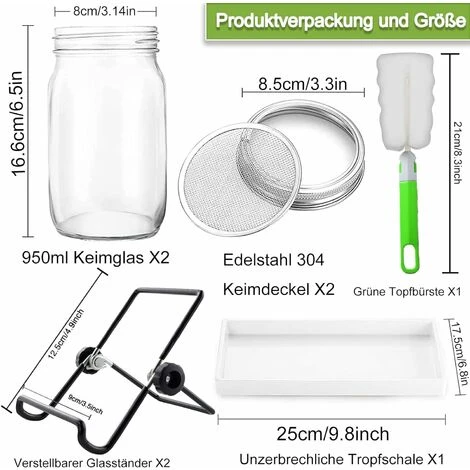 Bocaux à Germer De, 950 ML Germoir En Verre Avec, Germoir Pour Graines à Germer, 2 Grilles, 2 Supports, 1 Bol De Germination, Bocal à Germes Pour Brocoli, Eau CéLeri, Luzerne, Haricots Verts 2 Bocaux à Germer De, 950 ML Germoir En Verre Avec, Germoir Pour Graines à Germer, 2 Grilles, 2 Supports, 1 Bol De Germination, Bocal à Germes Pour Brocoli, Eau CéLeri, Luzerne, Haricots Verts – Image 2