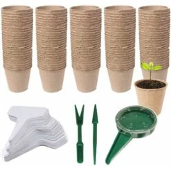 153 PCS Pots Biodégradables, 100 PCS Pot De Semis En Fibre Biodégradable De 6 Cm, Etiquettes Blanches En Plastique, Outil De Sol Meuble Pour Plantes De Jardin Marron KOMIRO